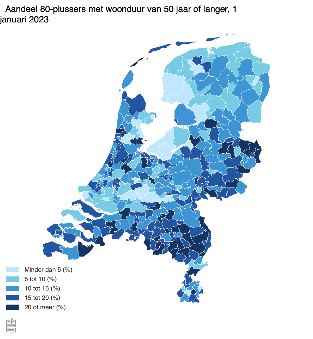 Aandeel 80 plussers met woonduur 50 jaar of langer